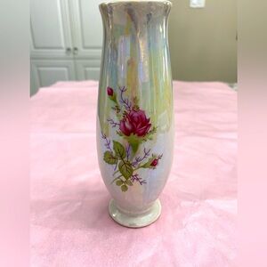 Vintage Pearl Opalescent Bud Vase with Rose on Front